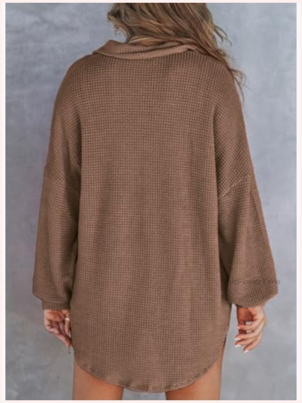 Waffle Knit Henley Oversized Tunic Long Sleeve V Neck Pullover Top - Picture 5 of 7